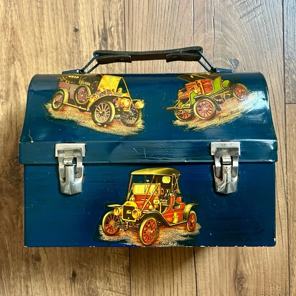 Vintage Metal Lunchbox Classic Antique Cars Blue Plaid Interior Retro Tool Box